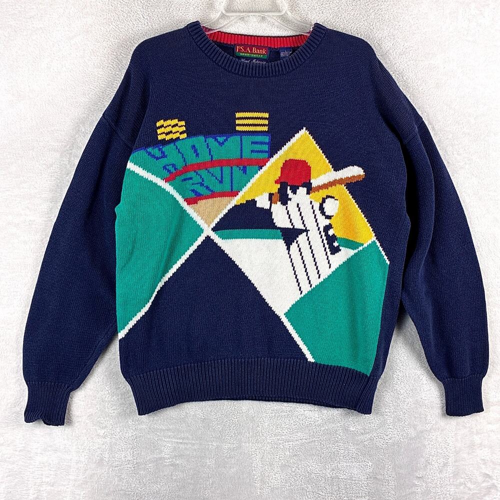 Vintage Jos A Bank Sweater Men L Navy Baseball Hand Knit Intarsia Preppy 80s
